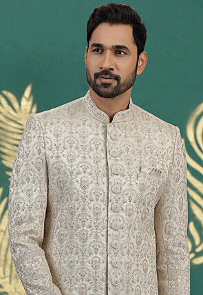 Embroidered Art Silk Sherwani in Light Beige