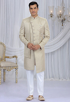 Embroidered Art Silk Sherwani in Light Beige