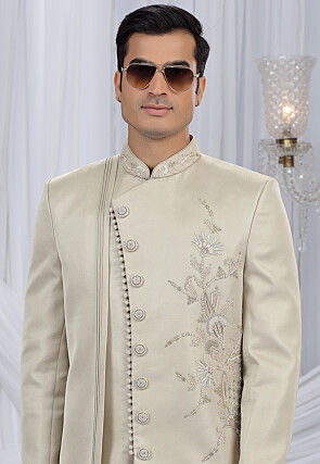 Embroidered Art Silk Sherwani in Light Beige