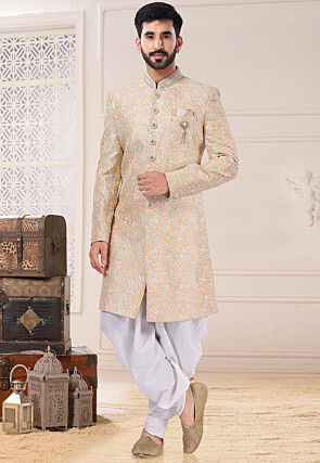 Embroidered Art Silk Sherwani in Light Beige