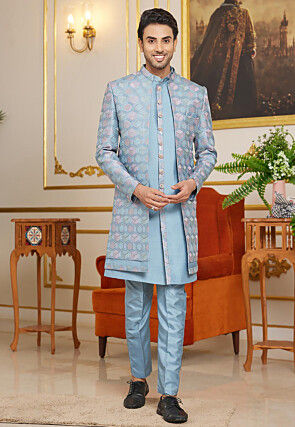 Embroidered Art Silk Sherwani in Light Blue