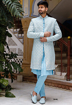 Embroidered Georgette Sherwani in Light Blue