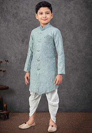 Embroidered Art Silk Sherwani in Light Blue