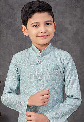 Embroidered Art Silk Sherwani in Light Blue