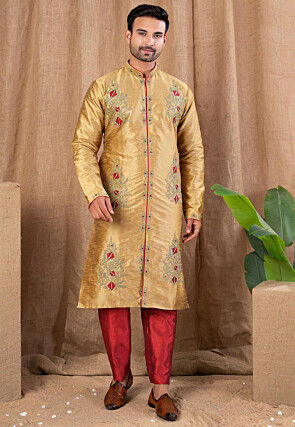 Embroidered Art Silk Sherwani in Light Golden