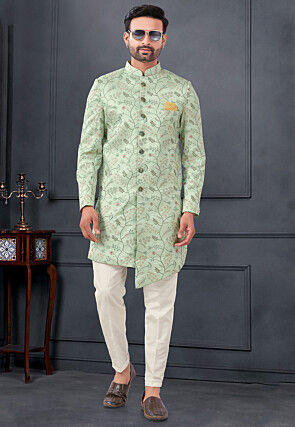 Embroidered Art Silk Sherwani in Light Green