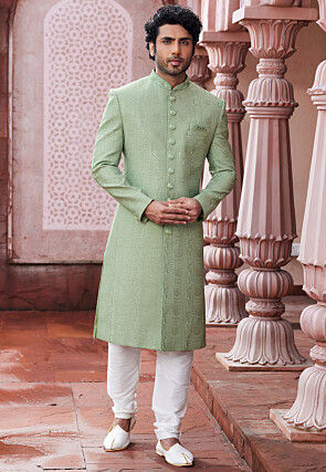 Embroidered Art Silk Sherwani in Light Green