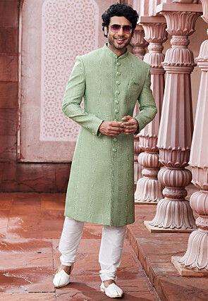 Embroidered Art Silk Sherwani in Light Green