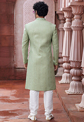 Embroidered Art Silk Sherwani in Light Green