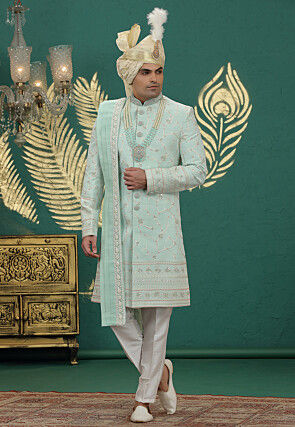 Embroidered Art Silk Sherwani in Light Green