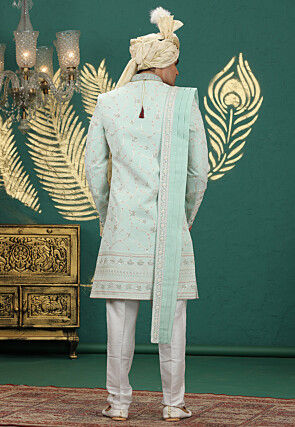 Embroidered Art Silk Sherwani in Light Green