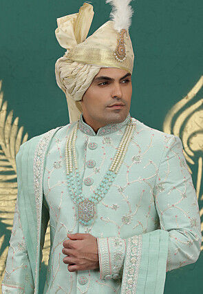 Embroidered Art Silk Sherwani in Light Green