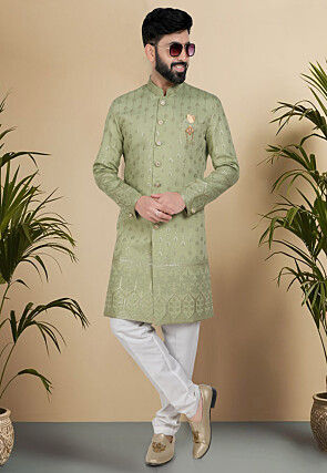 Embroidered Art Silk Sherwani in Light Green
