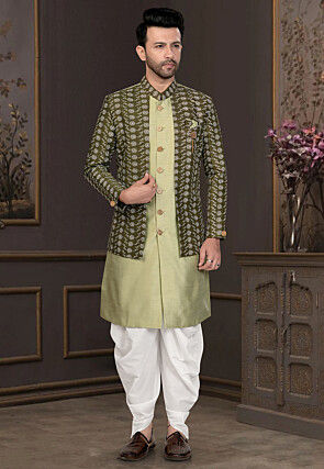 Embroidered Art Silk Sherwani in Light Green