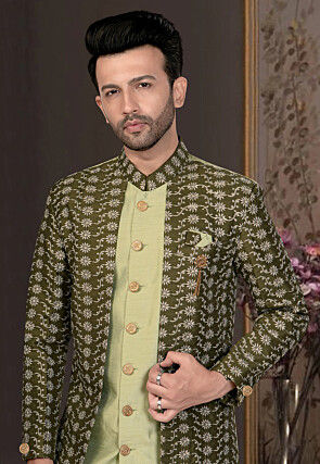 Embroidered Art Silk Sherwani in Light Green