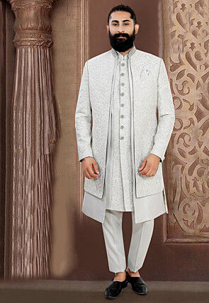 Embroidered Art Silk Sherwani in Light Grey