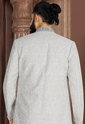 Embroidered Art Silk Sherwani in Light Grey