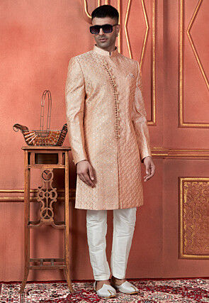 Embroidered Art Silk Sherwani in Light Orange