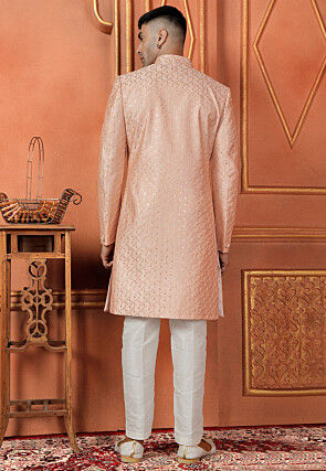 Embroidered Art Silk Sherwani in Light Orange