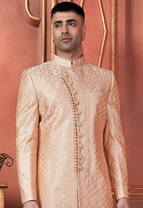 Embroidered Art Silk Sherwani in Light Orange