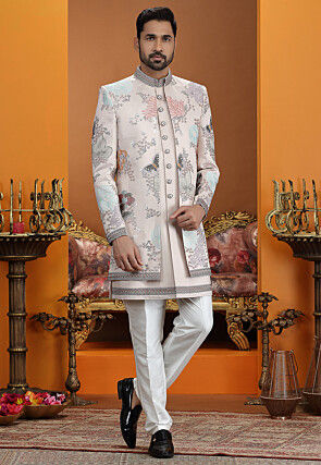 Embroidered Art Silk Sherwani in Light Peach