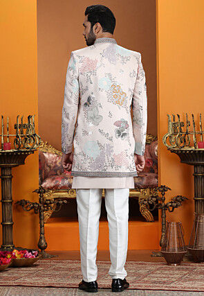 Embroidered Art Silk Sherwani in Light Peach