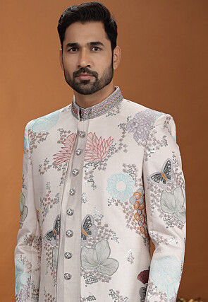 Embroidered Art Silk Sherwani in Light Peach