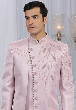 Embroidered Art Silk Sherwani in Light Pink