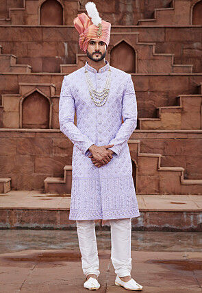 Embroidered Art Silk Sherwani in Light Purple