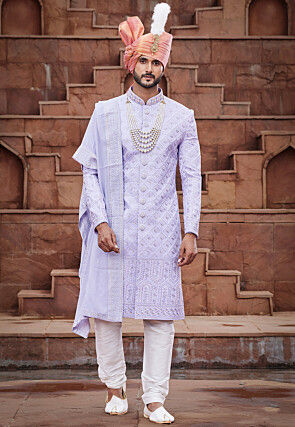 Embroidered Art Silk Sherwani in Light Purple