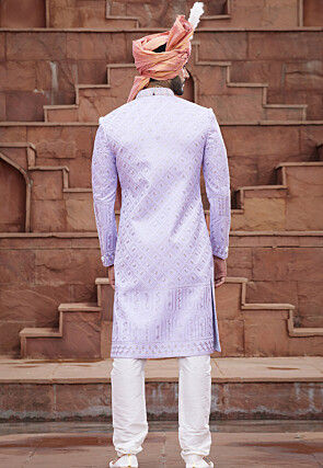 Embroidered Art Silk Sherwani in Light Purple