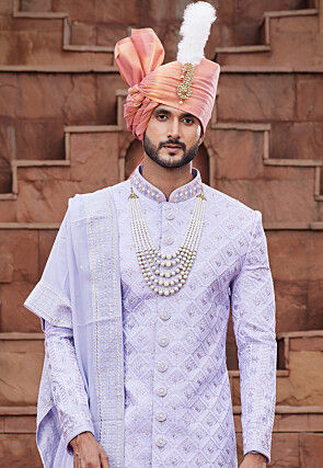 Embroidered Art Silk Sherwani in Light Purple