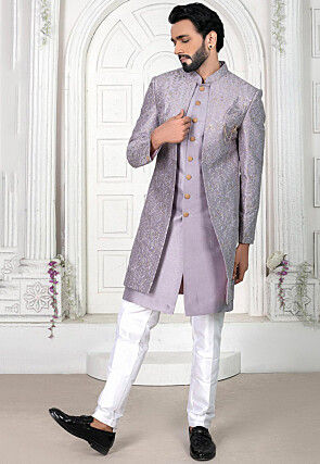 Embroidered Art Silk Sherwani in Light Purple