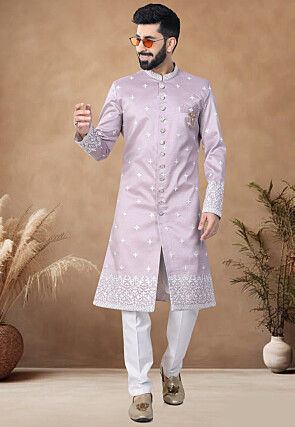 Embroidered Art Silk Sherwani in Light Purple