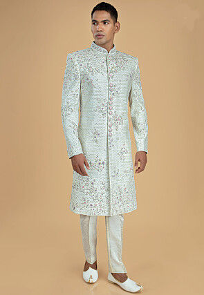 Embroidered Art Silk Sherwani in Off White