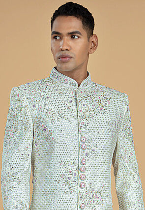 Embroidered Art Silk Sherwani in Off White