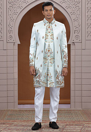 Embroidered Art Silk Sherwani in Light Sea Green