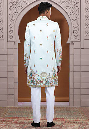 Embroidered Art Silk Sherwani in Light Sea Green