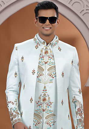 Embroidered Art Silk Sherwani in Light Sea Green