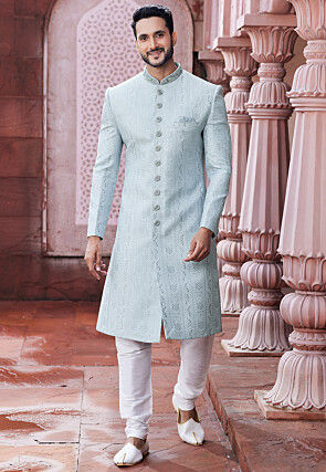 Embroidered Art Silk Sherwani in Light Sky Blue