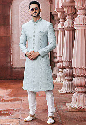 Embroidered Art Silk Sherwani in Light Sky Blue