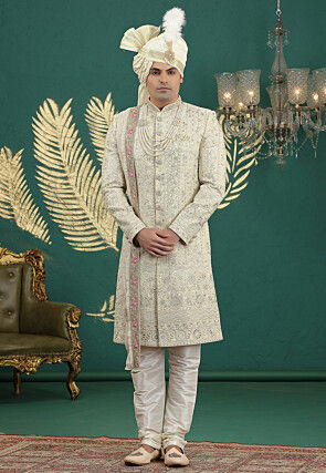 Embroidered Art Silk Sherwani in Light Yellow