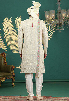 Embroidered Art Silk Sherwani in Light Yellow