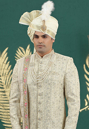Embroidered Art Silk Sherwani in Light Yellow