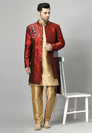 Embroidered Art Silk Sherwani in Maroon and Golden