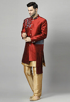 Embroidered Art Silk Sherwani in Maroon and Golden