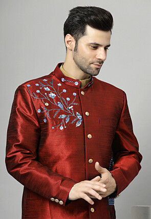 Embroidered Art Silk Sherwani in Maroon and Golden
