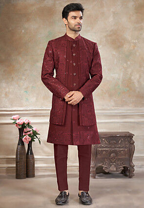 Embroidered Art Silk Jacket Style Sherwani in Maroon
