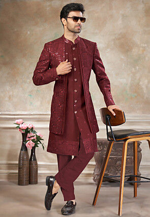 Embroidered Art Silk Jacket Style Sherwani in Maroon