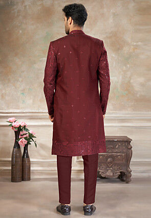 Embroidered Art Silk Jacket Style Sherwani in Maroon